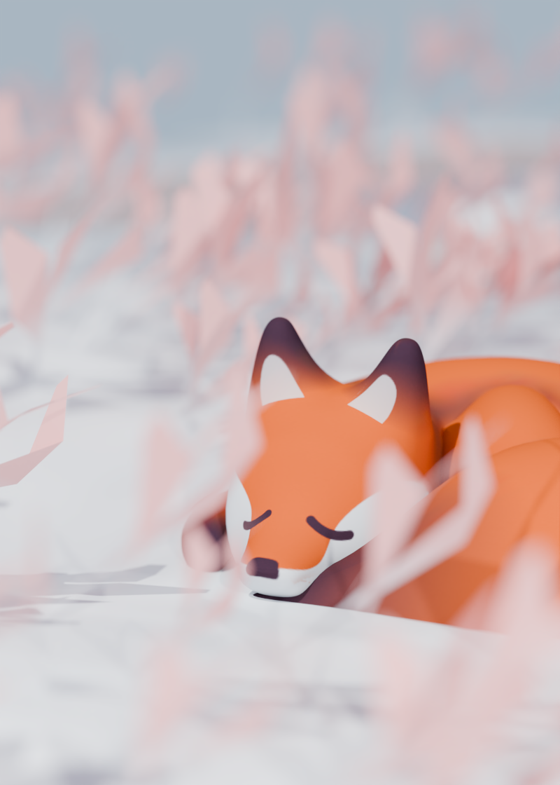 Petit renard roux style minimaliste mignon dormant dans une forêt enneigée